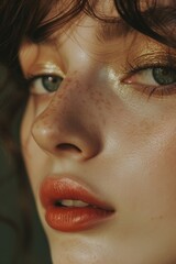 Poster - A close-up view of a woman's face with freckles. This image can be used to represent natural beauty or skincare