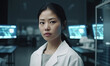 © sommersby - Asian female scientist wearing a lab coat looks directly at the camera in a professional laboratory setting.