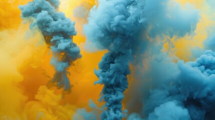 Poster - A vibrant blue and yellow cloud of smoke against a bright yellow background. Perfect for adding a pop of color and energy to any design or project