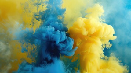 Poster - A vibrant yellow and blue cloud of smoke suspended in the air. Perfect for adding a burst of color and energy to any project