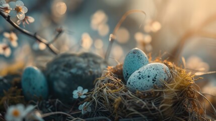 Poster - Three eggs are nestled in a nest, with a beautiful background of flowers. This image can be used to represent new beginnings or springtime themes