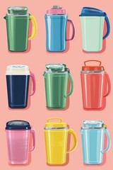 Aufkleber - Different colored coffee mugs arranged on a vibrant pink background. Perfect for coffee shop promotions or adding a pop of color to your design