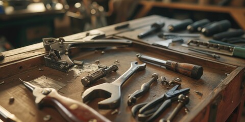 Poster - A collection of various tools neatly arranged on a wooden table. Ideal for showcasing tools, craftsmanship, or DIY projects