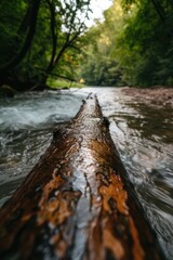 Wall Mural - A log sitting in the middle of a river. Can be used to represent nature, water, or tranquility