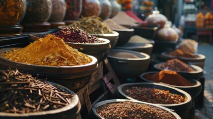 Poster - A collection of bowls filled with various types of spices. Perfect for adding flavor and aroma to culinary creations.