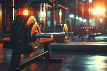 Poster - A close up view of a barbell in a gym. Perfect for fitness and strength training concepts