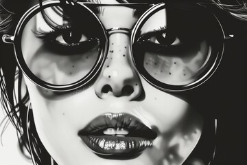 Aufkleber - A black and white photo of a woman wearing glasses. Suitable for various uses