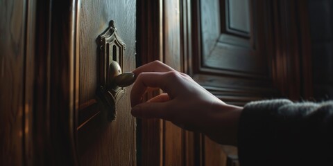Poster - A person is shown opening a wooden door with a handle. This image can be used to depict concepts such as exploration, opportunity, or new beginnings