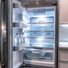 Poster - A view inside an open refrigerator filled with a variety of food. This image can be used to depict a well-stocked fridge or to represent healthy eating and meal preparation