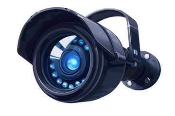 Poster - A security camera with a blue light on it. Suitable for illustrating surveillance, security systems, or technology concepts