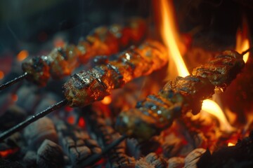 Wall Mural - Close up of skewers of meat cooking on a grill. Perfect for barbecue and grilling themed projects
