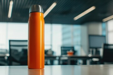 Poster - An orange water bottle sitting on top of a table. Suitable for hydration and lifestyle concepts