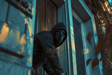 Poster - A man in a black hoodie is opening a door. This versatile image can be used to depict mystery, suspense, homecoming, or any situation involving opening doors