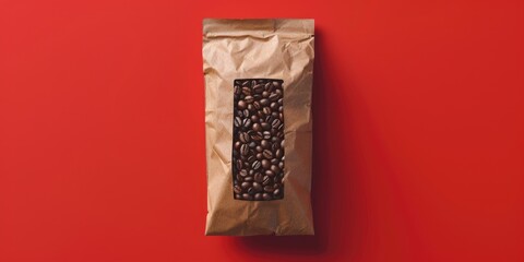 Poster - A bag of coffee beans on a vibrant red background. This image can be used to showcase the freshness and quality of coffee beans in various coffee-related projects