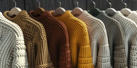 Poster - A row of sweaters hanging on a rack. Perfect for showcasing different styles and colors of sweaters.