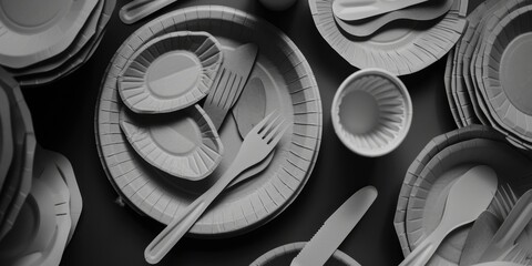 Aufkleber - A simple black and white photo featuring plates and spoons. Suitable for various culinary and kitchen-themed projects