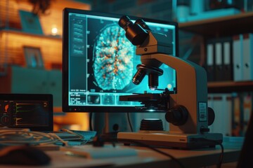 Aufkleber - A microscope is positioned on top of a desk next to a computer. This image can be used to depict scientific research, laboratory work, or education