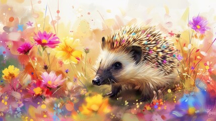 Poster - A beautiful painting depicting a vibrant hedge in a field of colorful flowers. Perfect for adding a touch of nature and serenity to any space