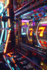 Poster - A detailed view of a slot machine in a bustling casino. Perfect for showcasing the excitement and thrill of gambling. Ideal for use in casino-related articles or promotional materials