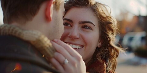 Poster - A picture capturing a moment as a man and a woman gaze into each other's eyes. Perfect for illustrating love, relationships, and connection