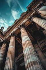 Poster - A building with columns and a clock on top. Can be used to depict a historic landmark or as a symbol of time and punctuality