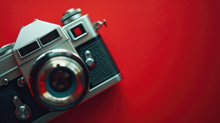 Wall Mural - A silver and black camera placed on a vibrant red background. This image can be used for various purposes