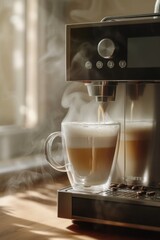Poster - A cup of coffee being poured into a coffee machine. Suitable for coffee-related content and advertisements