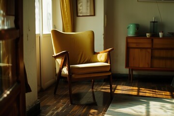 Poster - A yellow chair sits in a bright living room next to a window. Perfect for home decor or interior design projects