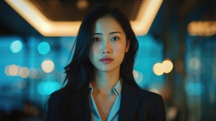 Poster - A woman stands in a dark room with lights shining in the background. This image can be used to depict mystery, solitude, or contemplation