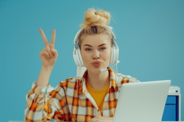 Aufkleber - A woman is sitting at a table, using a laptop and wearing headphones. This image can be used to depict remote work, online learning, or digital entertainment