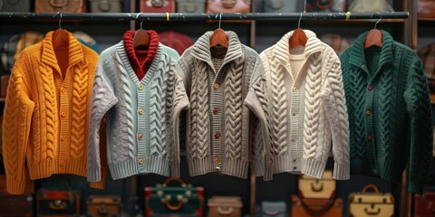 Poster - A collection of colorful sweaters hanging on a rack. Perfect for showcasing different styles and colors of sweaters for sale or fashion-related projects