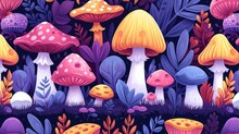 A Bunch Of Different Colored Mushrooms In A Field Of Grass And Plants With Leaves On The Side Of The Picture.