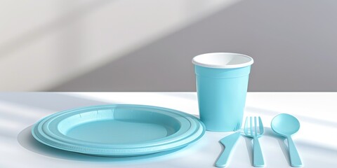 Poster - A simple table setting with a plate, fork, spoon, and cup. Perfect for illustrating mealtime, dining, or setting a table.