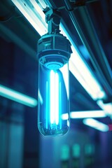 Poster - A blue light hanging from the ceiling of a building. Suitable for various indoor lighting concepts