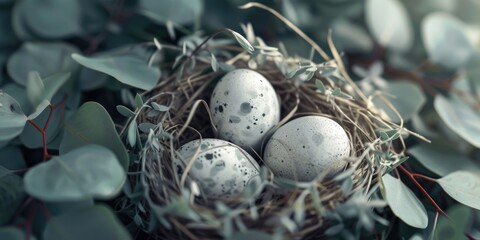 Poster - Three eggs in a nest surrounded by leaves. Perfect for nature and spring-themed designs