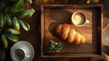 Poster - A tray with a croissant and a cup of coffee. Perfect for breakfast or a coffee break