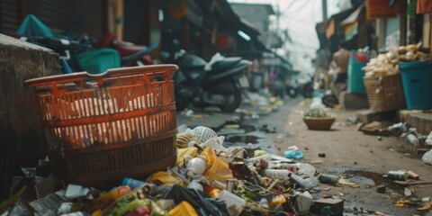 Poster - A pile of garbage sitting on the side of a road. Suitable for illustrating pollution or environmental issues