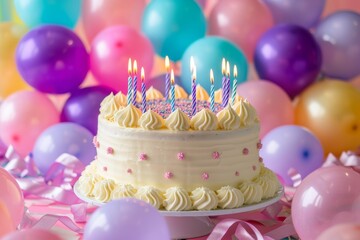 Poster - Cake with candles on balloons background for a birthday celebration