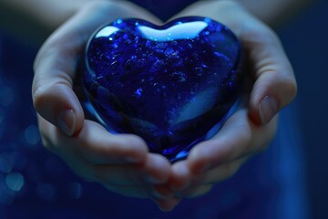 Poster - A person is holding a blue heart in their hands. This image can be used to represent love, care, or support