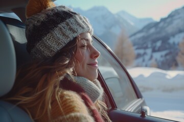 A woman sitting in the passenger seat of a car. Perfect for transportation or road trip concepts