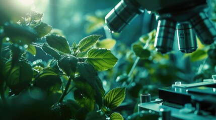 Poster - A detailed view of a plant with a microscope in the background. This image can be used to illustrate scientific research, botany studies, or educational materials