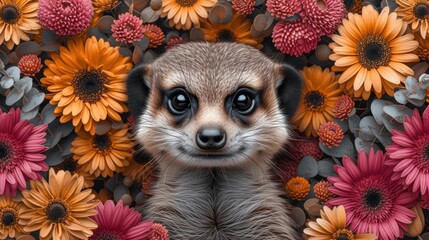 Wall Mural - a picture of a baby meerkat in a field of sunflowers with a sad look on his face.