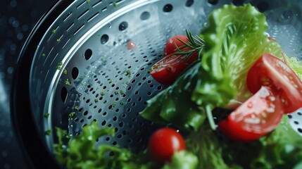 Poster - Fresh and vibrant lettuce and tomatoes arranged in a strainer. Perfect for healthy eating concepts or recipes