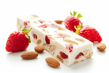 Sticker - French soft nougat with strawberries and almonds isolated on white background Greek manolato Pure white nougat bar isolated