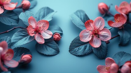 Wall Mural - a group of pink flowers sitting on top of a green leaf covered ground next to leaves and flowers on a blue background.