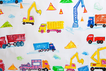 Busy construction site with trucks and cranes 4 year old's simple scribble colorful juvenile crayon outline drawing