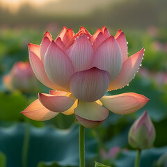 Wall Mural - Lotus flower with petals transitioning from white to pink, bathed in soft sunlight, amidst a backdrop of greenery