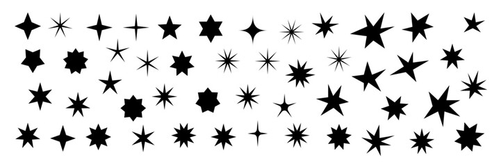 Minimalist silhouette stars icon, twinkle star shape symbols. Modern geometric elements, shining star icons, abstract sparkle black silhouettes symbol vector set. Vector illustration