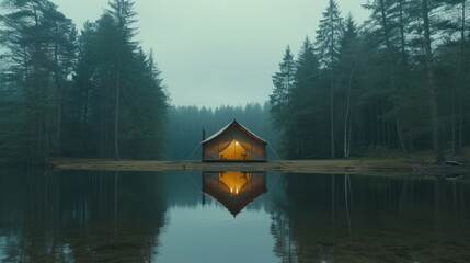 Wall Mural - a tent sitting on top of a lake in the middle of a forest with a reflection of it in the water.