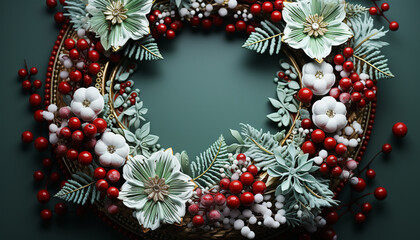 Poster - Winter celebration gift of nature, holly wreath, snowflake ornament generated by AI